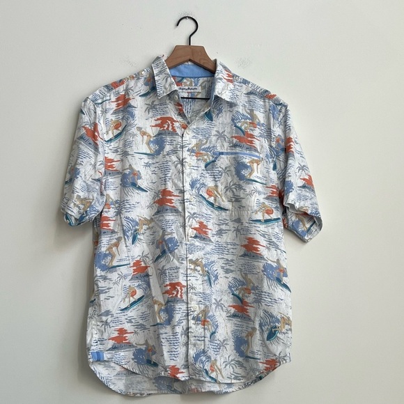Tommy Bahama Shirt White Surfer Print Beach Button Up Short Sleeve Mens Medium - Picture 2 of 12